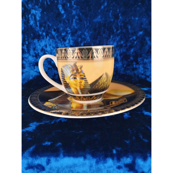 Fathi Mahmoud Limoges Egypt Porcelain Cup & Saucer King Tut & Pyramids Design - Picture 2 of 7